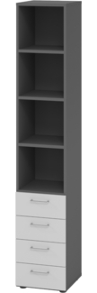 bümö smart Schubladenschrank, Büroschrank in Graphit/Grau mit 4 Schüben & 4 Regalfächern - Bürocontainer aus Holz, Container mit Metallgriffen & Soft-Stop Schubladen, 964S4-G-5-BS