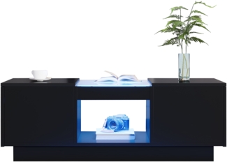 Kommode 100x50x35,5 cm, Schwarz mit Glaseinsatz, LED-Beleuchtung (App-Steuerung), 2 Schubladen, offenes Fach