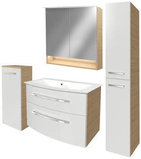 Fackelmann B.STYLE Badmöbel Set 5-teilig, 83 cm, Weiß/Braun + LED-Spiegelschrank + 2 Badschränke