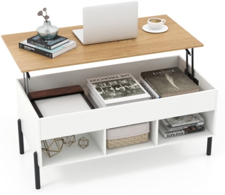 Couchtisch Höhenverstellbar Beistelltisch mit anhebbarer Tischplatte & 3 offenen Fächern Weiß
