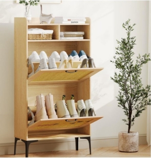 OUNUO Schuhschrank mit Rattan-Dekoration, 2 klappbare Schubladen, und Metallfüßen