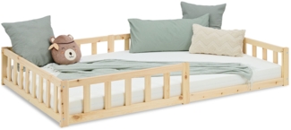 Kinderbett 120x200 Bodenbett mit Rausfallschutz Montessori Bett Kleinkindbett Holz Kiefer Natur Massiv Einzelbett Lattenrost Bettgestell