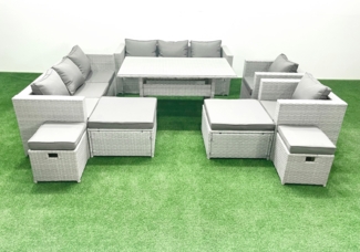 Fimous Rattan Gartenmöbel Essgarnitur 12 Sitzer Lounge Sofa Stuhl Esstisch Set mit 4 Hockern Hellgrau gemischt