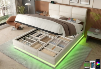 LVHOM Boxbett 90/140/160/180x200 cm mit LED, USB, Typ C-Ladeanschluss, Bettkasten (Zwei Hauptstützstangen, Weicher, hautfreundlicher Samtstoff, Leuchten in 16 Farben, Seitlicher Ladeanschluss, Integriertes Hydrauliksystem, Bettkasten Platzsparend, Bett...