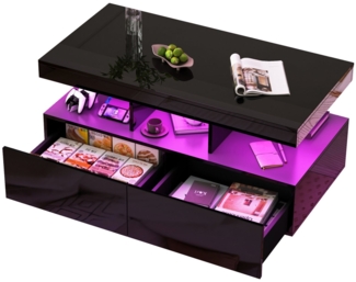 FUROKOY Couchtisch Kaffeetisch Beistelltisch Wohnzimmer Wohnzimmertisch mit 2 Schubladen (Kaffeetisch, 1-St, Sofatisch), 104x46x53 cm,Glatter Desktop,mit LED-Beleuchtung,Schwarz