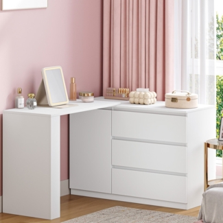 Große Schminktisch mit Schubladen, L-förmiger Eck-Schminktisch, Frisiertisch mit 1 Aufbewahrungsschrank und 2 offenen Ablagefächern, Schlafzimmer, Wohnzimmer, Modern, Weiß