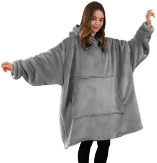 Wohndecke Tragbare Decke, Kuscheldecke mit Ärmeln, Sherpa, mit Taschen, Grau, Good Nite, Hoodie, Oversize, Sherpa Fleece