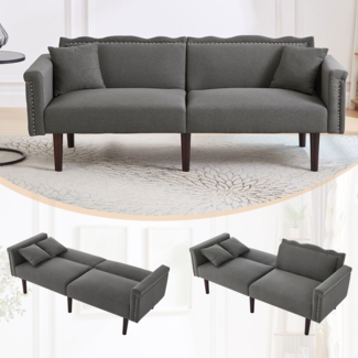Merax Schlafsofa 2-in-1 Multifunktions-Sofabett, Zweisitzer-Sofa, Sofa mit Liegefunktion, unabhängig verstellbare Doppelrückenlehnen, Metallverzierungen, Baumwoll-Leinen-Stoff, Grau