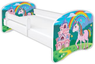 Clamaro 'Schlummerland 2021' Kinderbett 80x180 cm, Einhorn Schloss, inkl. Lattenrost, Matratze und Rausfallschutz (ohne Schublade)