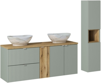 LINE REED GREEN Badmöbel-Set 140 cm mit einer Waschtischplatte, 2 Pati-Aufsatzwaschbecken und einem Hochschrank (40x140cm), Reed Grün,Eichenküste Evoke