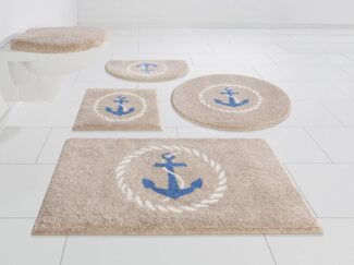 Grund Badematte Port Louis, Höhe 20 mm, rutschhemmend beschichtet, fußbodenheizungsgeeignet, Kunstfaser, rund, Design mit Anker, maritim, Made in Europe