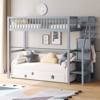 Merax Hochbett Massivholz Kinderbett 90x200cm mit Treppe und Kleiderstange, Grau