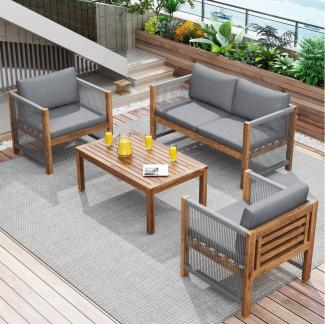 Merax Gartenlounge-Set, (4-tlg), Gartenmöbel Rope Seil Geflecht, Polyattan Loungeset mit Holzrahmen