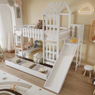 Etagenbett mit 2 Schlafgelegenheiten und Lattenrost, 90x200 cm, Kinderbett mit Rutsche, Schubladen und Rausfallschutz, Spielbett, Kiefer