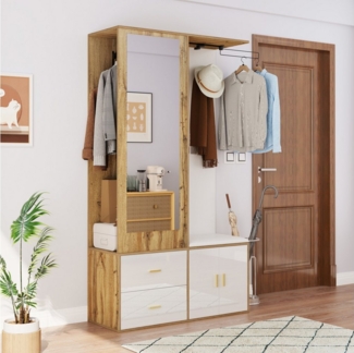 Merax Garderoben-Set mit Spiegel, 2 Schubladen und Schuhschrank, (1-St), Kleiderschrankset mit Schuhbank mit Haken & Ausziehbaren Kleiderbügeln
