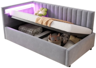 REDOM Polsterbett Schlafsofa Kinderbett Funktionsbett Daybett Tagesbett (Daybett Tagesbett verstellbares Kopfteil, Samtstoff 90x200 cm, mit LED-Beleuchtung & hydraulischem Stauraum, 90x200 cm), mit Matratze