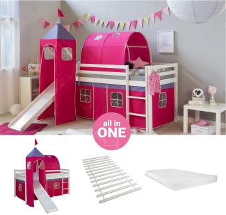 Hochbett mit Matratze 90x200 cm Turm Tunnel Rutsche Stockbett Kinderbett Leiter Holz Kiefer Vorhang pink Lattenrost Spielbett