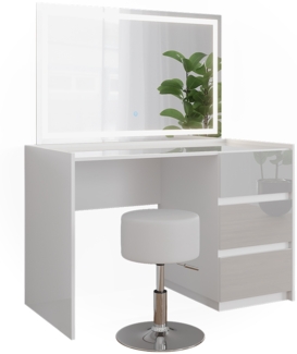 Schminktisch Marla Weiß Hochglanz 120 cm mit LED-Spiegel und Hocker Vicco