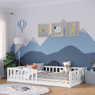 Bellabino 'Vere' Bodenbett 120x200 cm, weiß, Massivholz Kiefer, Montessori Kinderbett mit Rausfallschutz und Lattenrost