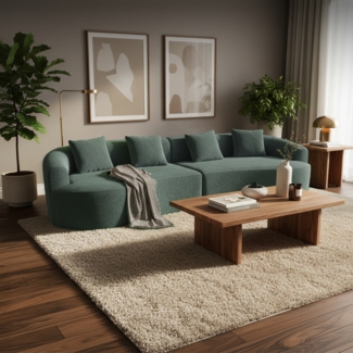 skølm 'Loki' Sofa 4 Sitzer, Vollschaumcouch mit Vakuum-Kompression, kein Aufbau erforderlich, mit 4 Kissen, Teddy-Bouclé Stoff dunkelgrün