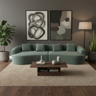 skølm 'Loki' 4er Sofa, mit 4 Kissen, Teddy-Bouclé Stoff dunkelgrün