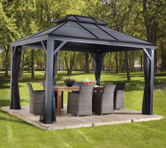 Sojag Alu Pavillon Mykonos 1216 | Hardtop Pavillon mit Moskitonetz | Grau | 484x364x306 cm