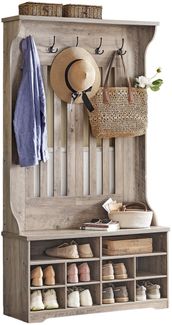 VASAGLE Garderobenständer mit Schuhbank, Garderobe, Schuhaufbewahrung, 5 Dreifach-Haken, freistehend, platzsparend, für Eingangsbereich, Flur, verstellbare Regalebenen, Greige HSR404T02