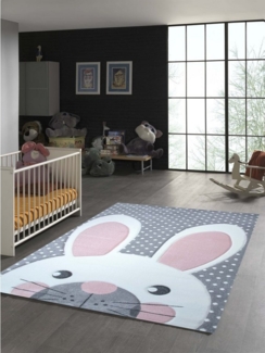 TeppichHome24 Kinderteppich Kinderteppich Hase in Rosa Weiss Grau, Rund, Höhe: 1.3 mm