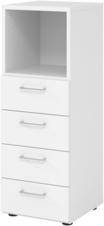 bümö smart Schubladenschrank, Büroschrank in weiß mit 4 Schüben & 1 Regalfach - Bürocontainer aus Holz, Container mit Metallgriffen & Soft-Stop Schubladen, 934S4-W-W-BS