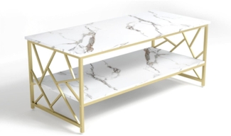 Wohnzimmertisch Weiß Marmor Couchtisch mit Stauraum Gold Tisch