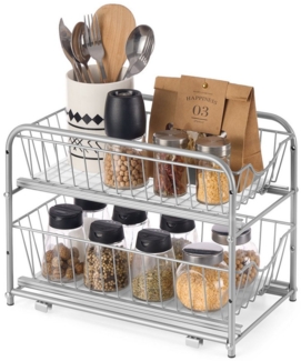 SONGMICS Küchenschrank Organizer, Küchenregal, Ordnungssystem, 2 Ebenen, stapelbar, erweiterbar, mit Metallkörben, für Küche, metallisches Silber SCK017E01