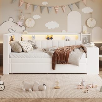Tagesbett 90x200 cm mit Schreibtisch, Ausziehbett, LED & USB, ohne Matratze, weiß