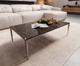 Couchtisch Levente 110x60 cm Keramik Laminam®Emperador Extra Lucidato Dunkelbraun Gestell Edelstahl Silber