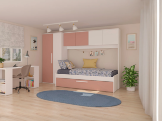 Vente-unique - Ausziehbett 2 x 90 x 200 cm - Mit Schrank - Rosa und weiß - LUMOKA