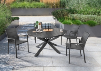 Destiny Garten-Essgruppe COSTA ARONA, (Set, 5-tlg, 1 Ausziehtisch, 4 Stapelsessel), (Set, 9-tlg, 4 Sessel, 1 Tisch ausziehbar Ø 120/170x75 cm) Aluminium