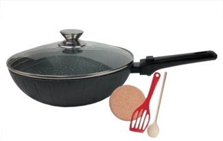 KESSMANN Pfannen-Set Induktion Wokpfanne 32cm abnehmbarer Griff mit Deckel Bräter Pfanne, Aluminium (Alle Herdarten, 6-tlg, 1 Pfannenwender + 1 Untersetzer + 1 Holzlöffel + 1 abnehmbarer Griff), Asiapfanne Wok Schmorpfanne Bratpfanne Pfannenset Antihaft