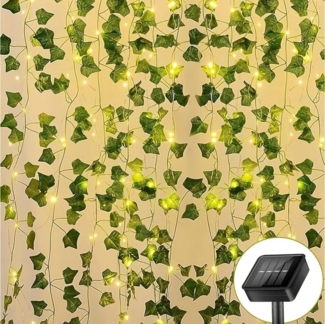 BlingBin LED-Lichterkette Solar Lichterkette Aussen, Efeu Künstliche Lichterkette, Wasserdicht, 50-flammig, 8 Modi Solarlichterkette Außen Wetterfest für Balkon Deko, 1 Stück