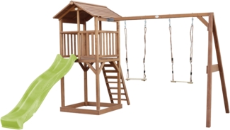 AXI Beach Tower Spielturm aus Holz in Braun Spielhaus für Kinder mit hellgrüner Rutsche, Doppelschaukel und Sandkasten | Braun, limettengrün | Holz | 349 cm