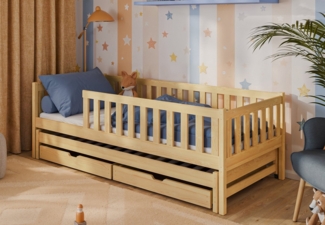 Kids Collective Kinderbett mit Rausfallschutz, Lattenrost und optionaler Matratze, Kinder Bett (mit Ausziehbett und zwei Schubladen), 90x200 cm: von 4. bis 18. Lebensjahr, natur