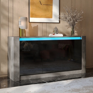 Furnishings Home Sideboard Stauraumschrank LED Küchenschrank Breite 150 cm (Hochglänzender quadratischer), 6 Fächer, Zementgraue Oberfläche, verstellbaren Einlegeböden