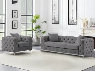 Vente-unique - EDWINA Sofa and armchair set SamtStoff Grau - B 91 cm x H 76 cm x L 106 cm220 cm