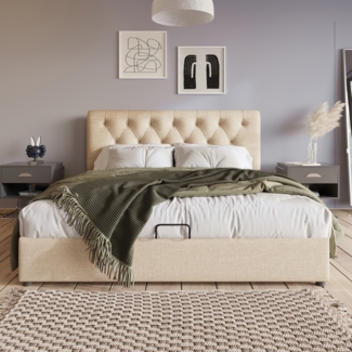 Polsterbett 160x200 cm aus Leinen mit Stauraum und verstellbarem Kopfteil