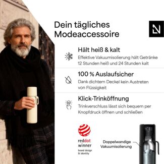 LARS NYSØM Thermoflasche Lune, Thermosfl. mit Becher & Trageschalufe: 12h warm / 24h kühl