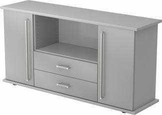 bümö Sideboard Grau/Silber mit Flügeltüren & Regal - Büromöbel Sideboard mit Schubladen Holz 166cm breit, 45cm schmal, Büro Schrank für Flur oder als Wohnzimmer-Kommode mit Chromgriff, SBTS-5-S-CE