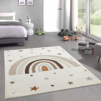 Carpetia Teppich Kurzflor Teppich Kinder creme pastell Regenbogen Stern braun beige, rechteckig, Höhe: 9 mm