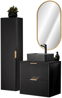 Badmöbel Set mit schwarzem Keramik Waschbecken und LED Spiegel, matt schwarz mit gerillter Front, ADELAIDE-56-BLACK, B/H/T ca. 110/200/46,5 cm