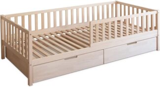 Ehrenkind Kinderbett in Buche, FSC® zertifiziert, inkl. Rausfallschutz (langlebig & flexibel, Kinder Bett in Buche, Kinderbetten), Kinderbett 90x200 cm mit Schubladen