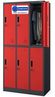 Umkleideschrank Spind TOKIO - 6 Abteile, Etikettenhalter Lüftungsschlitze | Umkleidespind Schließfachschrank Garderobenspind, 185x90x45cm Anthrazit-Rot