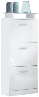 Vladon Schuhschrank Lavia V2 (Schuhkipper, für 12 Paar Schuhe mit 3 Klappen und Glasablage) Weiß matt/Weiß Hochglanz (46 x 128 x 23 cm)