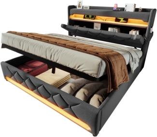 Polsterbett 140x200 cm mit hydraulischem Bettkasten, 360° LED-Beleuchtung & Ladeanschluss, Leinenoptik Grau,Es gibt eine Matratze.